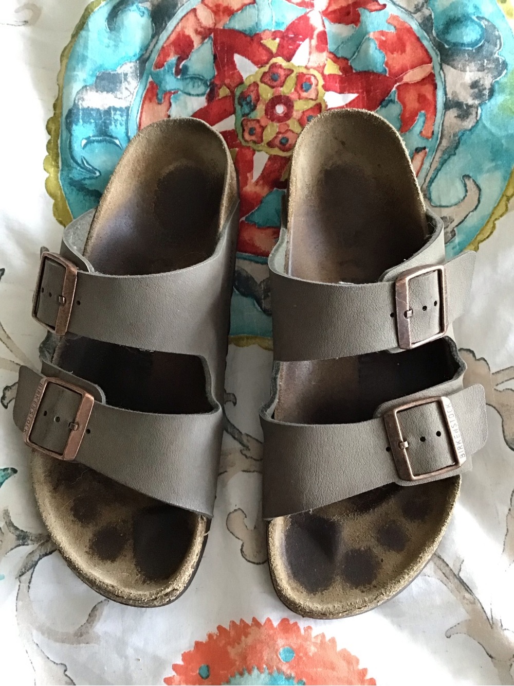 Womens Double-Buckle Slide Birkenstock Sandals in Taupe